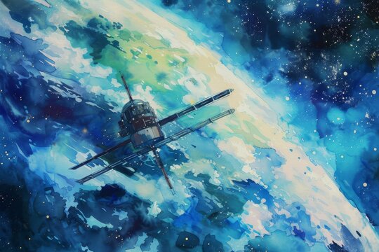 Watercolor. Illustration of a space station orbiting Earth, with vibrant blues and greens, depicting the planet's beauty