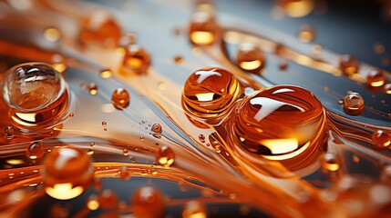 Abstract gold color background with oil bubbles floating on water surface.