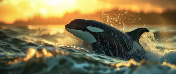 Fototapeten Orca killer whale in the sea at sunset.  © An