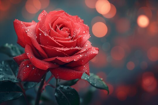 A Solitary Red Rose Unfurls, Glistening with Diamond Dewdrops, Set Against a Dreamy Bokeh Backdrop - A Captivating Image for a Valentine's Day Card or Wallpaper Concept, Enchanting the Heart