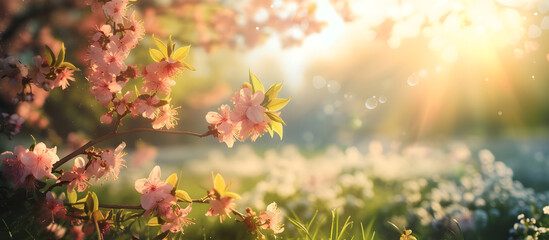 A beautiful springtime background with pink blossoms, creates a serene and natural scene. - obrazy, fototapety, plakaty