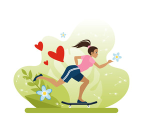The girl, pushing off with her foot, accelerates rapidly on a skateboard. A summer sport is skateboarding. An active type of outdoor recreation in the park. Flat vector illustration in cartoon style