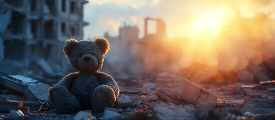 Teddy bear toy with a destructed buildings in the background as a result of war conflict, earthquake, fire. - obrazy, fototapety, plakaty