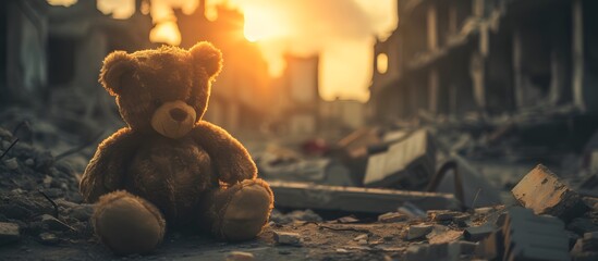 Teddy bear toy with a destructed buildings in the background as a result of war conflict, earthquake, fire.