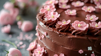 closeup of chocolate cake, buttercream icing and pink icing flowers on a table