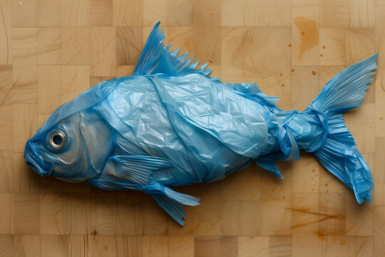Fish sculpture made out of blue trash bags on a chopping board. Generative ai image.
