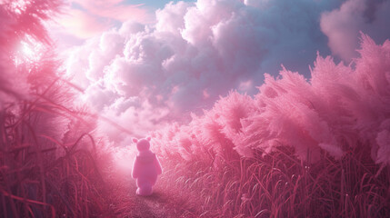 A pastry explorer trekking through a sugarcane field under a cotton candy sky. - obrazy, fototapety, plakaty
