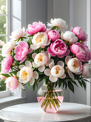 Bouquet of Tender Peonies: A Symphony in Pink and White. generative AI