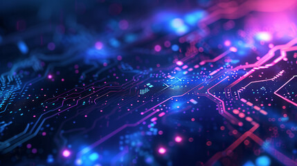 Complex circuit board with red and blue neon lights, symbolising connectivity. - obrazy, fototapety, plakaty
