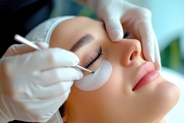 Beauty salon. Young woman undergoing procedure of eyelashes lamination - obrazy, fototapety, plakaty