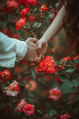 a close up of a person holding the hand in a field of rose flowers