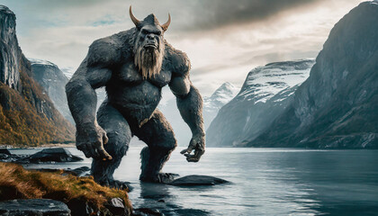big troll in the mountains of Norway monster dark horror scary Halloween creepy spooky - obrazy, fototapety, plakaty