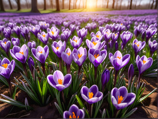 Crocus Blossom Extravaganza: A Captivating Photograph Showcasing the Vibrant Symphony of Colors in a Meadow of Springtime Crocuses, Perfect for Seasonal Concepts and Botanical Themes. generative AI