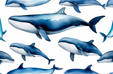 Background with blue whales, watercolor image isolated on a white background