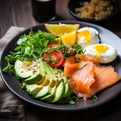 Obraz na płótnie Canvas Salmon, avocado and poached egg breakfast