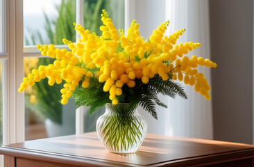 Bouquet of fresh mimosa in a vase near a window in a bright room