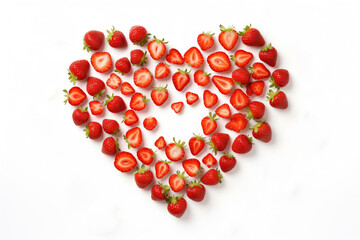 Fresh strawberries, pieces of berries laid out in the shape of a heart, top view isolated on white background