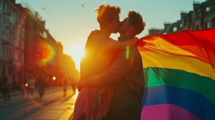 Two gay guys show their love by kissing, holding the gay flag in the middle of the street, freedom, happiness, valentine's day