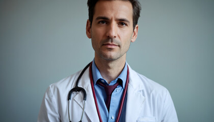 A doctor in a white coat with a stethoscope around his neck looks at us tiredly