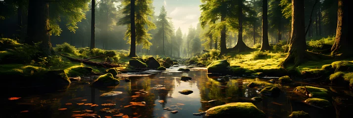 Foto op Aluminium A Forest with a Small Quiet River and Golden Sunlight Penetration Into the Forest © Resdika