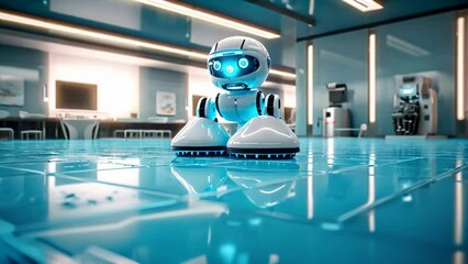 Robot or automatic floor scrubber is cleaning floor in big room, office or laboratory. Professional cleaner robotic janitor. Artificial intelligence technology concept