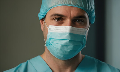 Surgeon in surgical clothes and mask