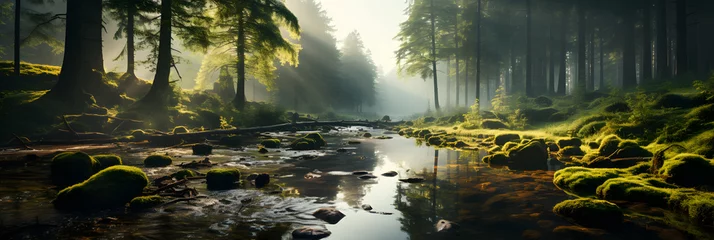 Fotobehang A Forest with a Small Quiet River and Golden Sunlight Penetration Into the Forest © Resdika
