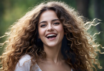 A girl with a voluminous hairstyle laughs cheerfully