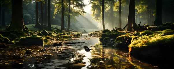 Foto auf Acrylglas A Forest with a Small Quiet River and Golden Sunlight Penetration Into the Forest © Resdika