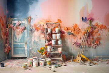 Captivating Chaos: Creative Interior Renovation with Colorful Wallpaper Samples, Paint, and Tools
