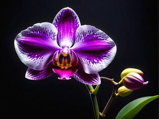 Mystical Purple Orchid: A Captivating Photograph of a Purple Orchid Blossom Against a Dark Background, Evoking Mystery and Elegance, Perfect for Artistic and Enigmatic Designs. generative AI