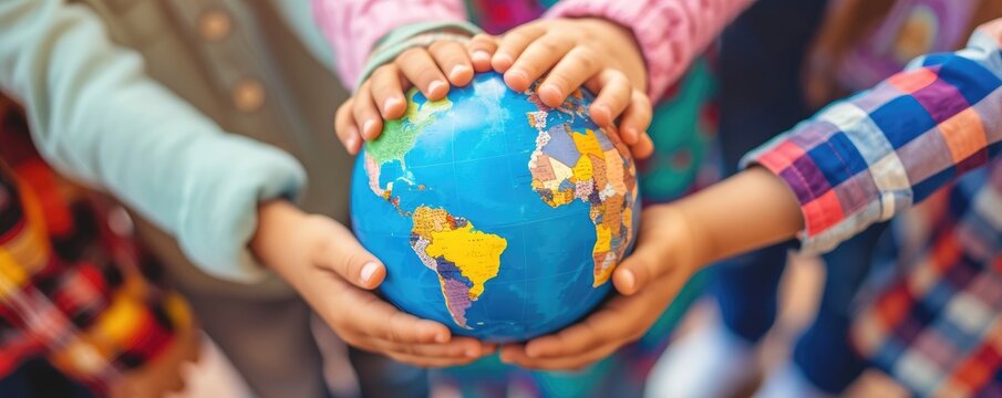 International Children's Day. Happy children of different nationalities standing around and put their hands together on globe