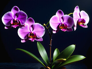 Obraz premium Mystical Purple Orchid: A Captivating Photograph of a Purple Orchid Blossom Against a Dark Background, Evoking Mystery and Elegance, Perfect for Artistic and Enigmatic Designs. generative AI
