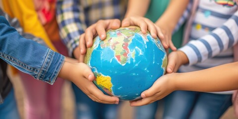 International Children's Day. Happy children of different nationalities standing around and put their hands together on globe - obrazy, fototapety, plakaty