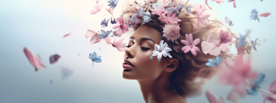 Young woman portrait with flowers levitating over head.
