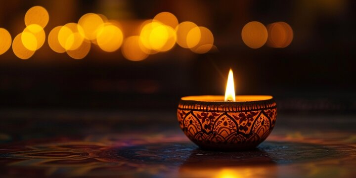 picture of a Diya, or lit terra-cotta lamp, decorated with intricate artwork. with a somber backdrop and narrow focus