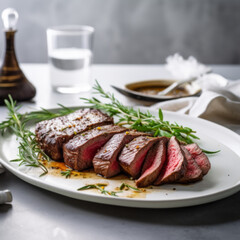 Grilled sliced Beef Steak on a wooden board