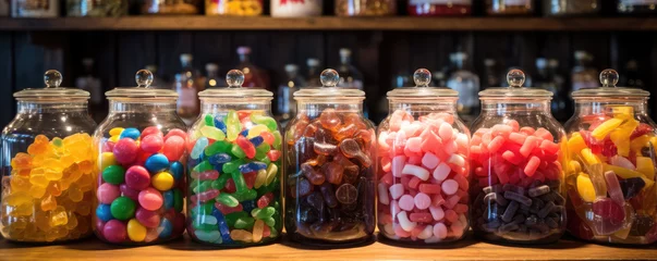 Fototapeten Jars filled with assorted multicolored candies. © Michal