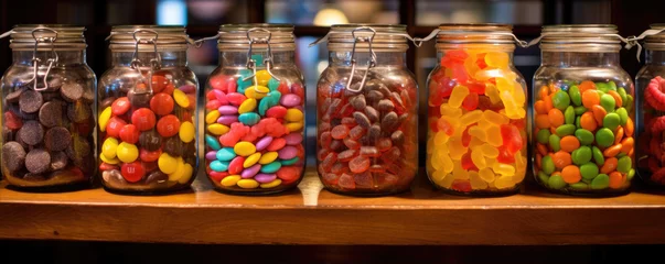 Fotobehang Jars filled with assorted multicolored candies. © Michal