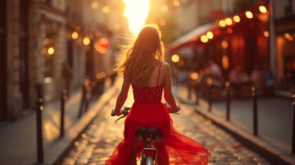 A young beautiful girl rides a bright bicycle in red satin dress along a summer street in city