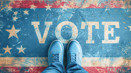 Person standing over a painted 'VOTE' sign on the asphalt, representing the civic duty and power of voting in American democracy. - obrazy, fototapety, plakaty