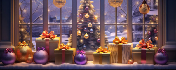 Fototapeta na wymiar Christmas decorated window, gifts, candles, Christmas tree lights
