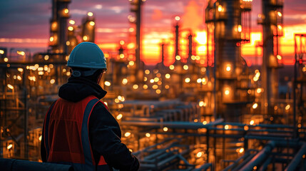Back view of an engineer in safety gear overlooking the illuminated industrial plant facilities during the evening shift.