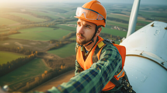 A focused technician in safety gear conducts maintenance on a wind turbine overlooking a verdant landscape at sunset, symbolizing sustainable energy.