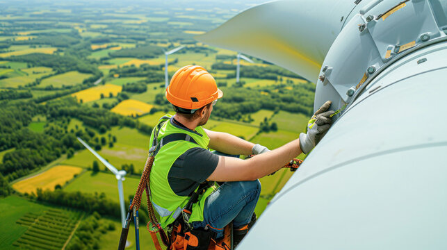 A focused technician in safety gear conducts maintenance on a wind turbine overlooking a verdant landscape at sunset, symbolizing sustainable energy.