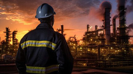 Back view of an engineer in safety gear overlooking the illuminated industrial plant facilities during the evening shift.