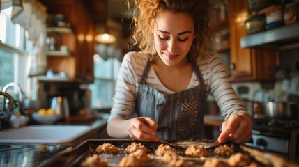 American woman baking cookies in the kitchen of a classic American home - Powered by Adobe