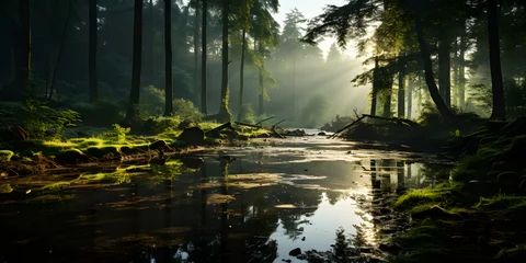 Gordijnen River in the Middle of the Forest with Sunlight Coming Through © Resdika