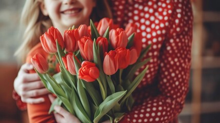 Boy and dad give a bouquet of red tulips to a woman in a red polka dot dress