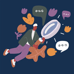 Cartoon vector illustration of man looking through magnifying glass, searching or investigating something